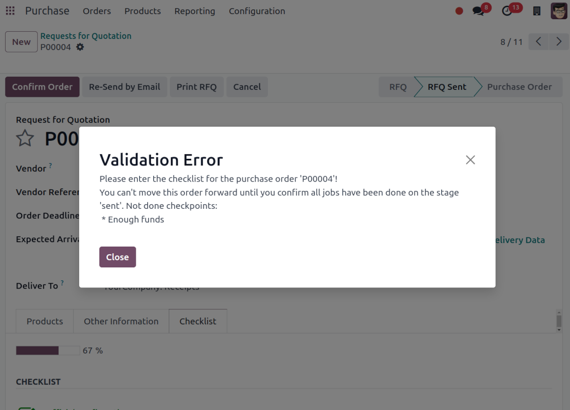 Validation error: the checklist is not approved