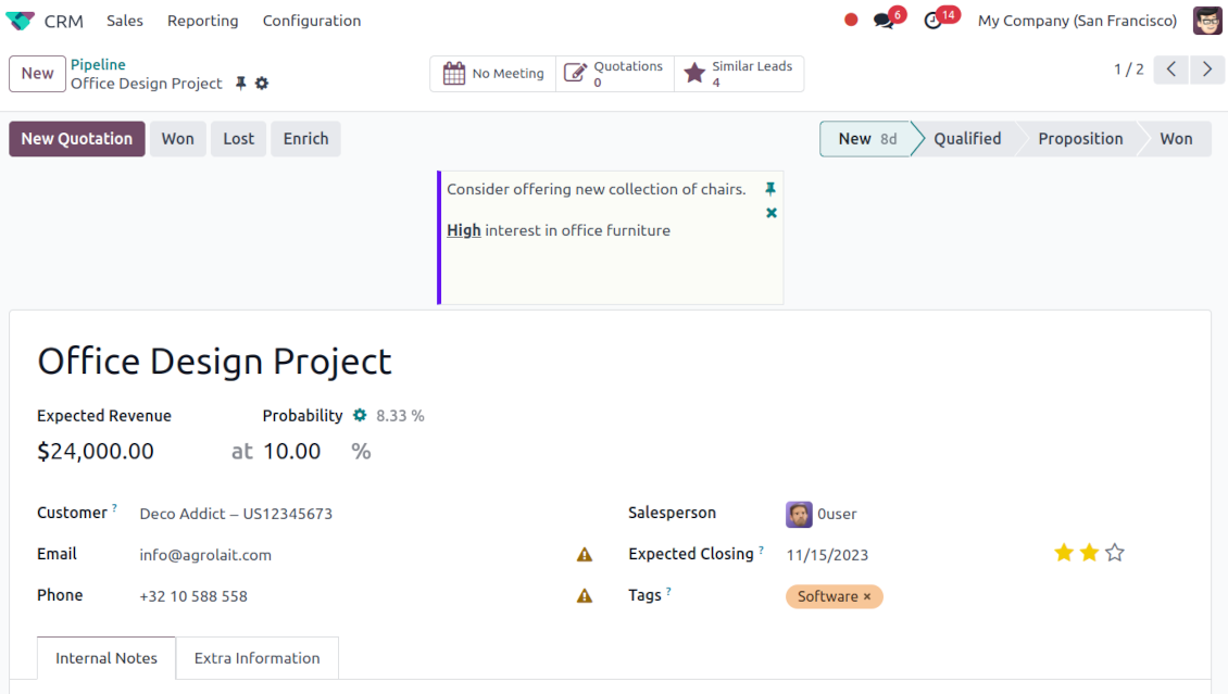 Odoo opportunities/leads stickers