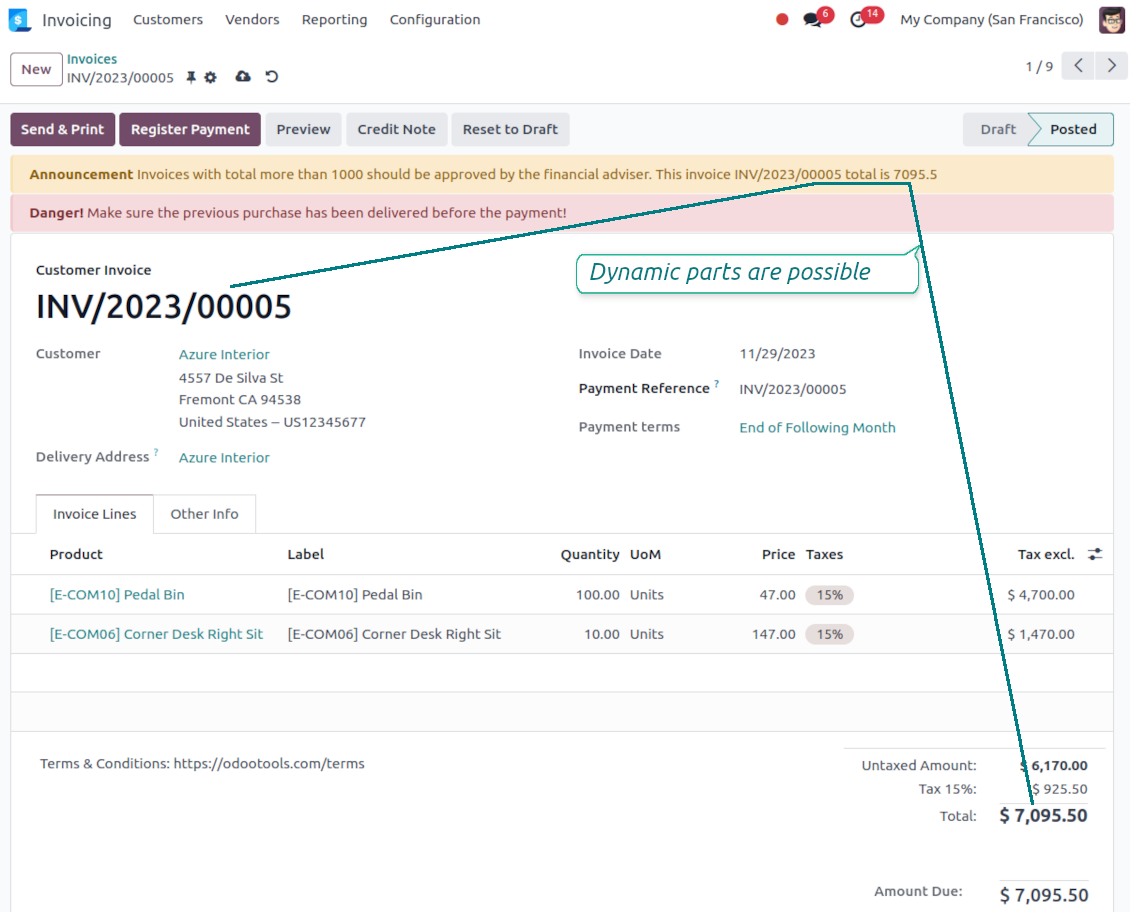 Odoo invoices warnings