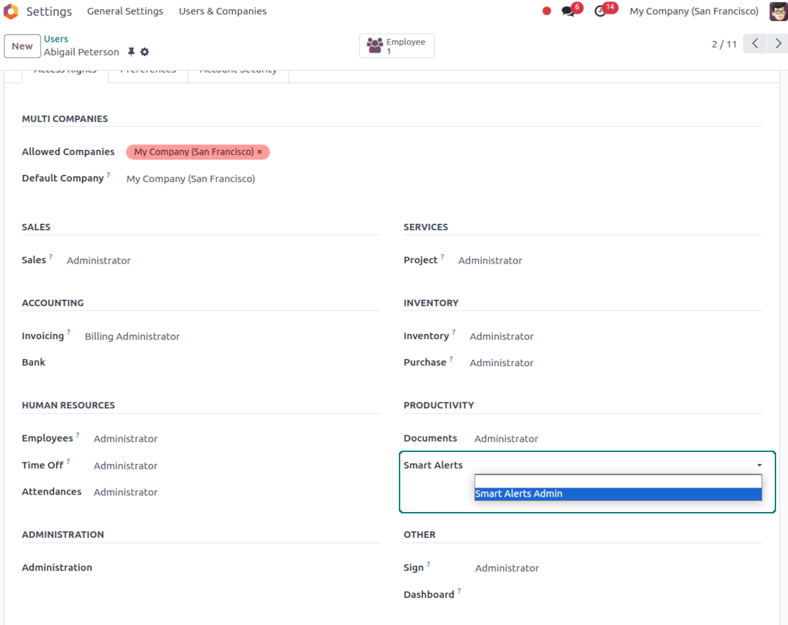 Odoo alarms: the security group