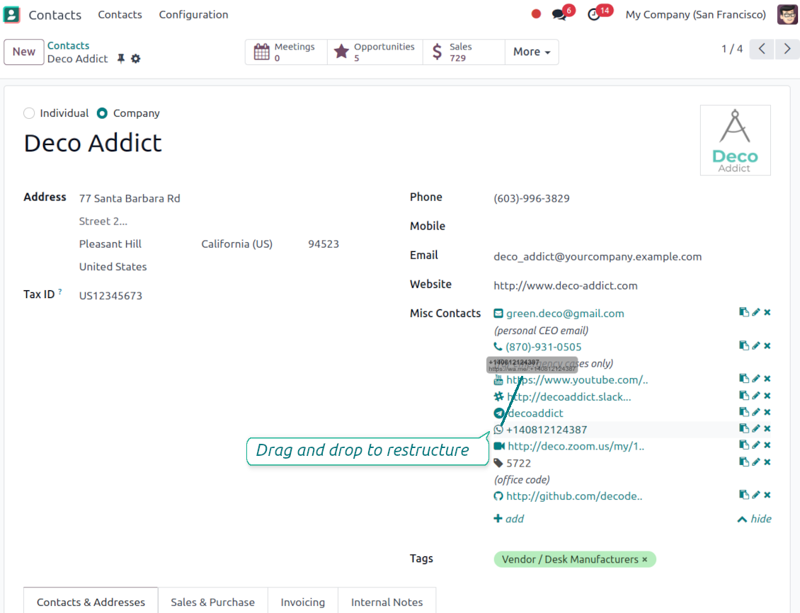 Drag and drop Odoo's contact details