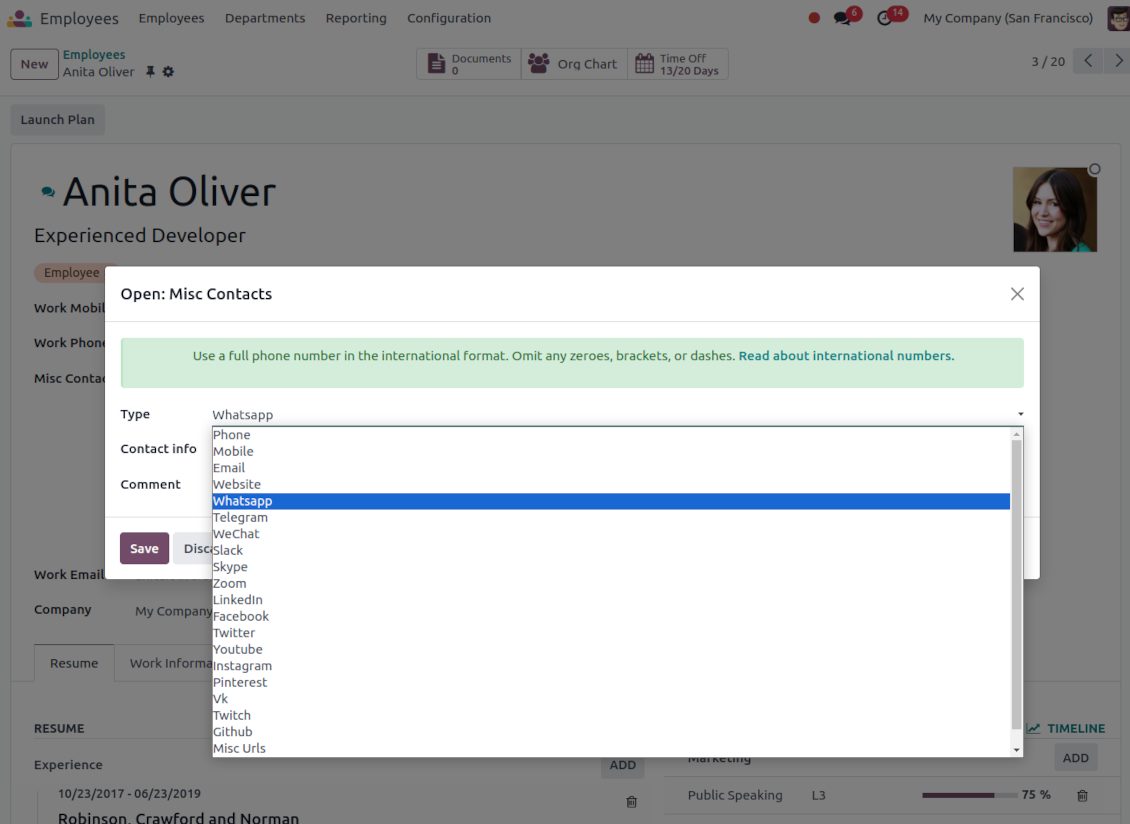 Employee contact info: types and formats