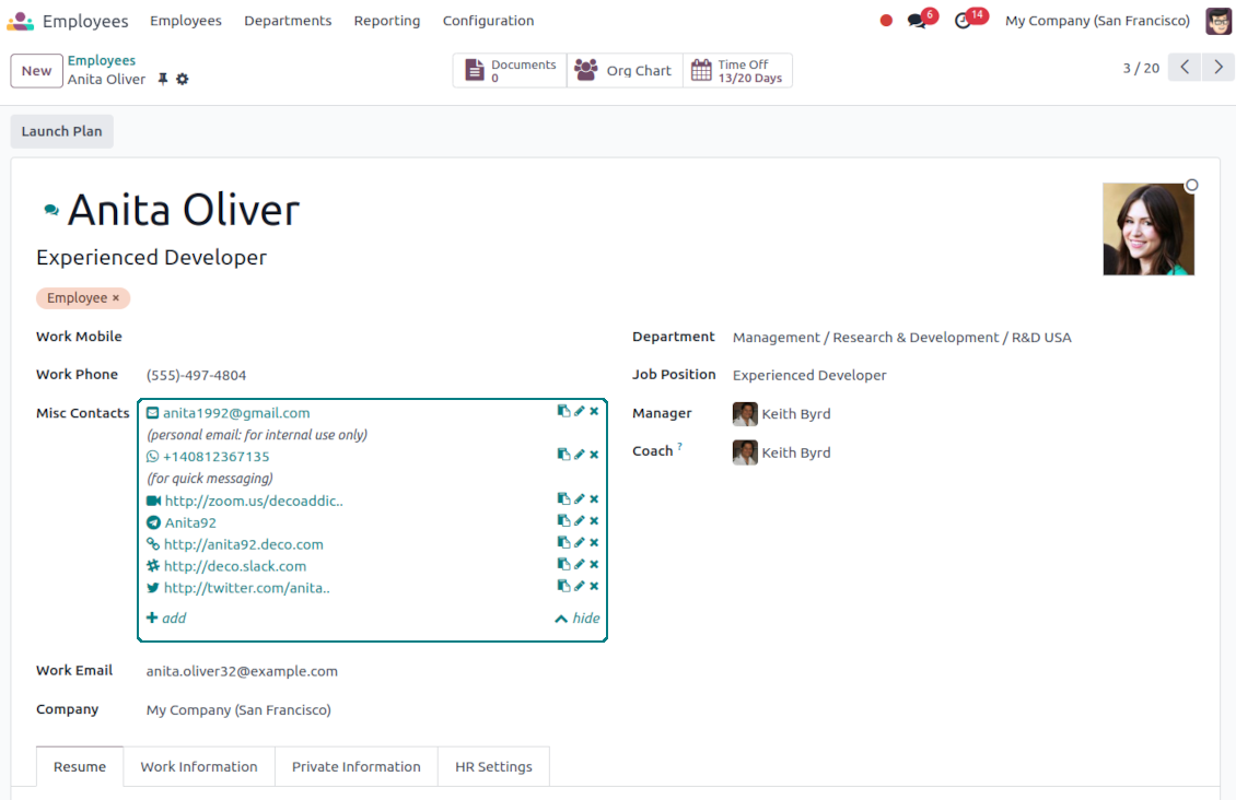 Employee contact data and preferences