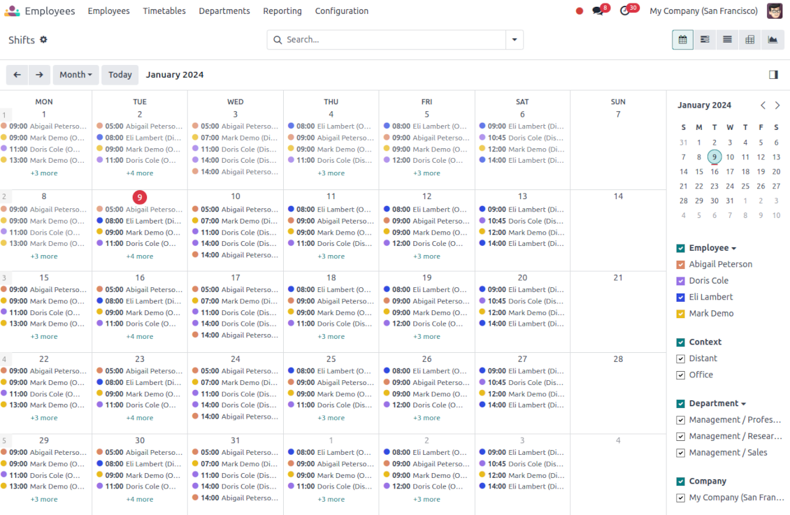 Monthly view for the working calendar