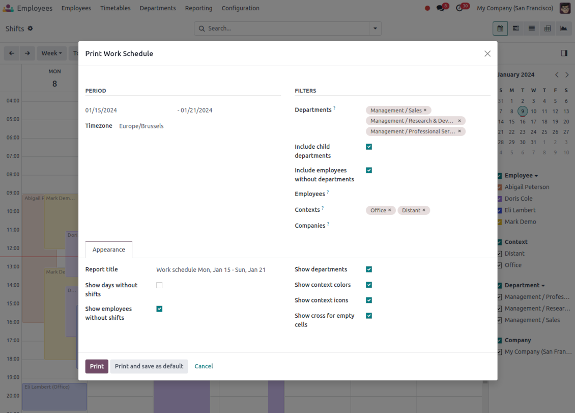 Odoo shifts scheduling wizard