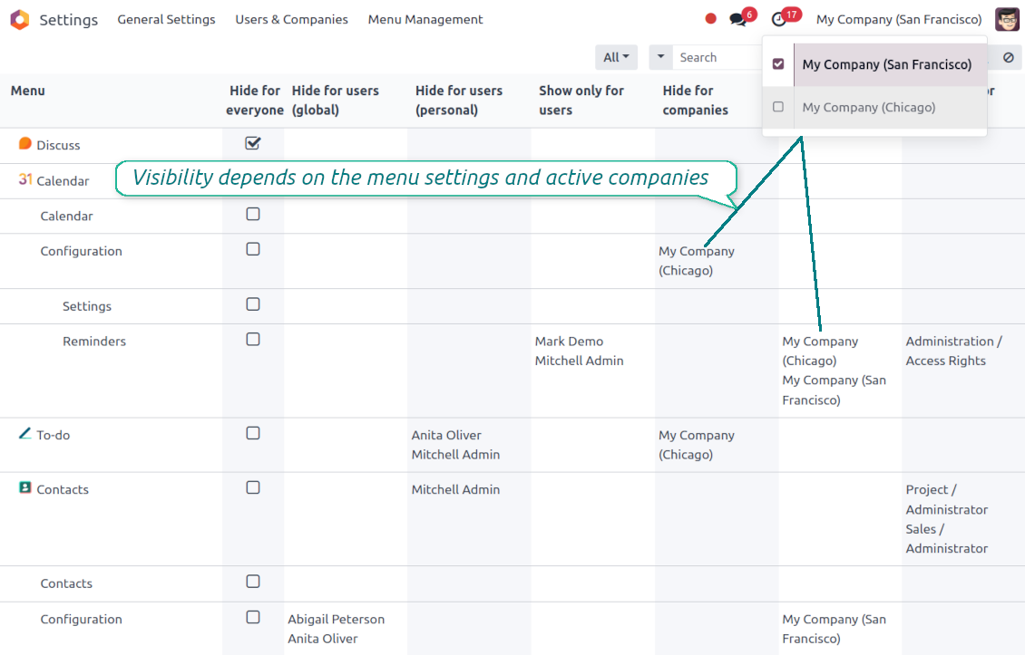 Hide/show menus for specific Odoo companies
