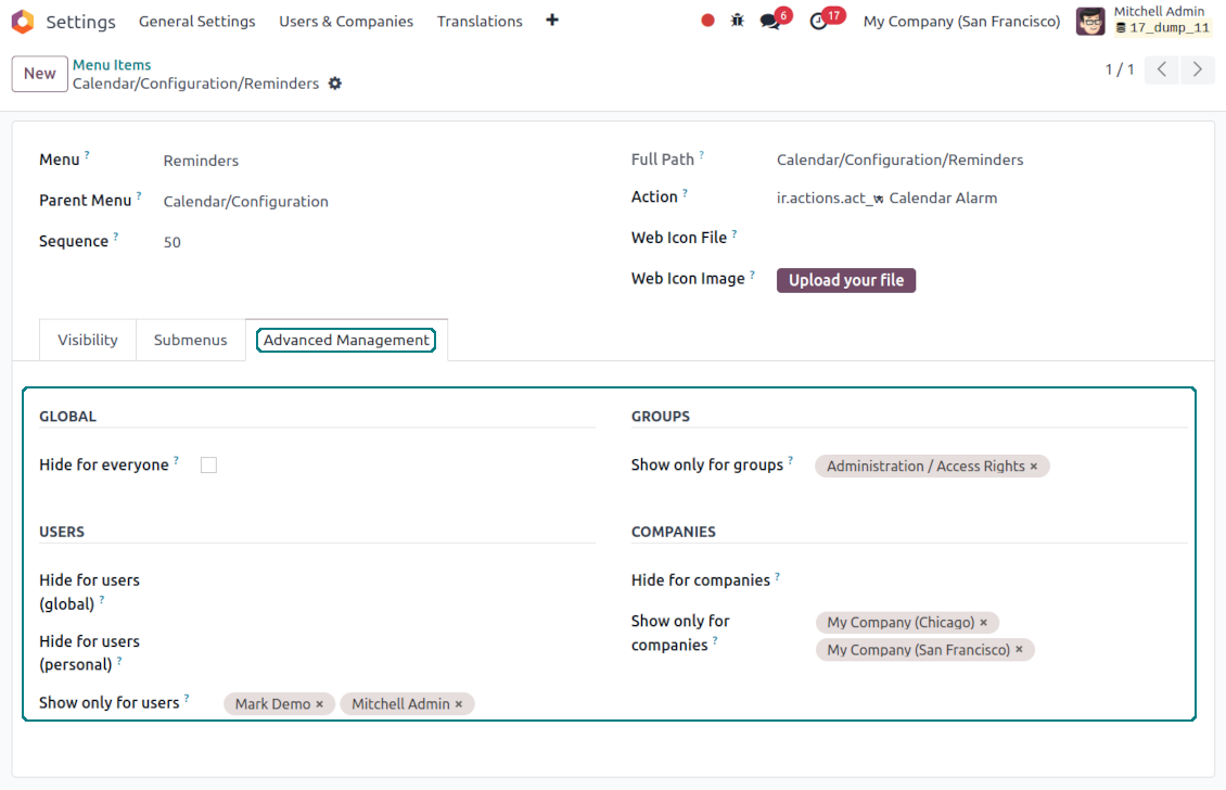 Standard Odoo menu settings
