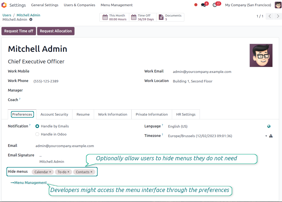 Odoo user menu preferences