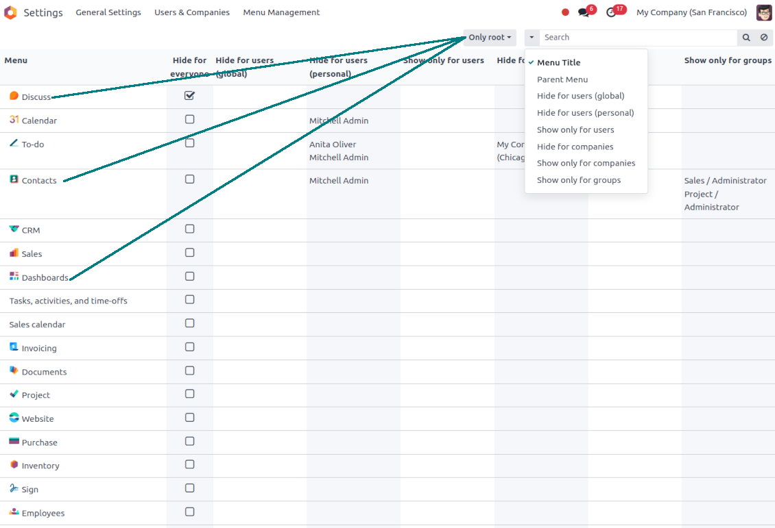 Odoo menu tree, search, and filters