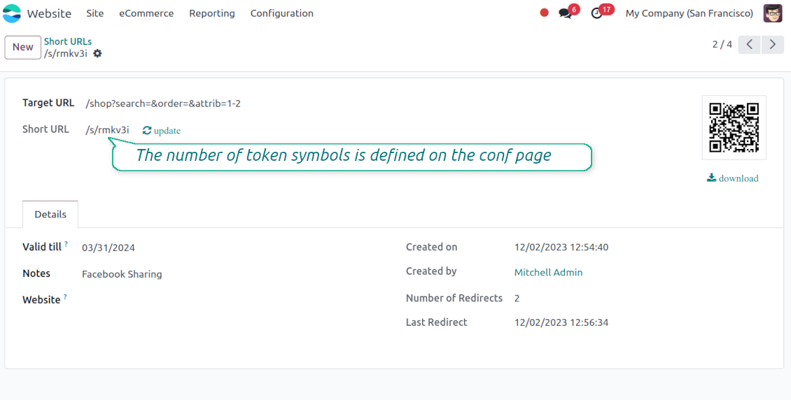 Odoo URL shortener auto tokens
