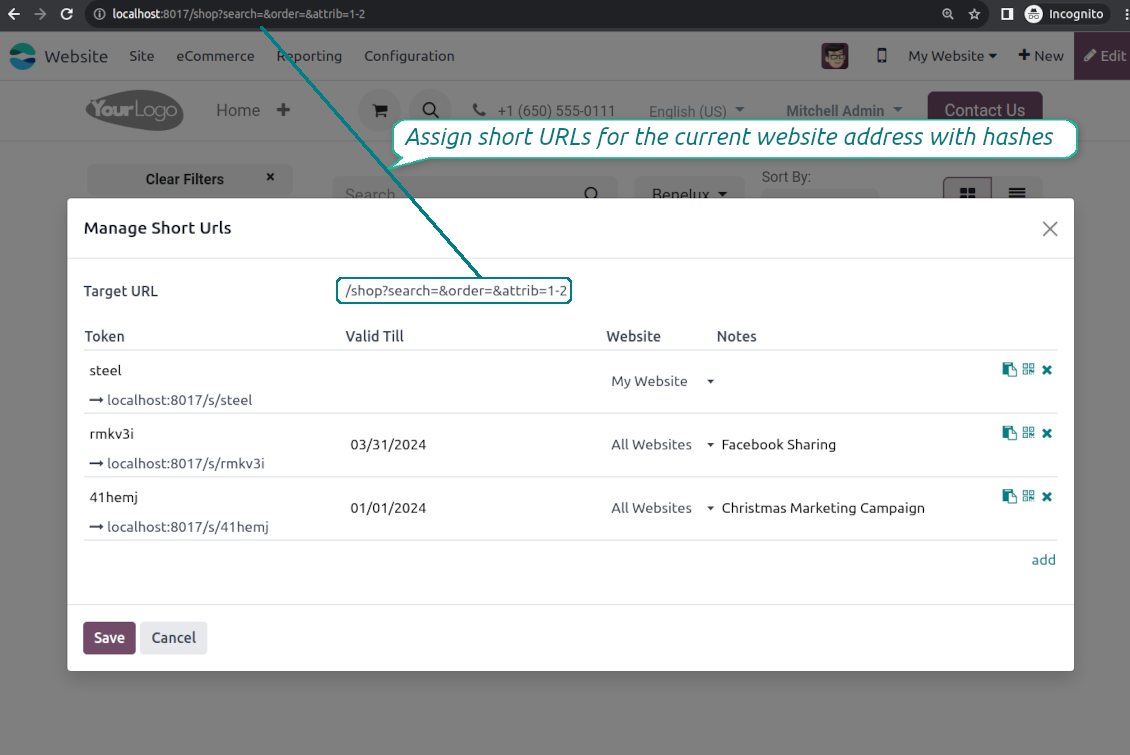 Odoo URL shortener from the website