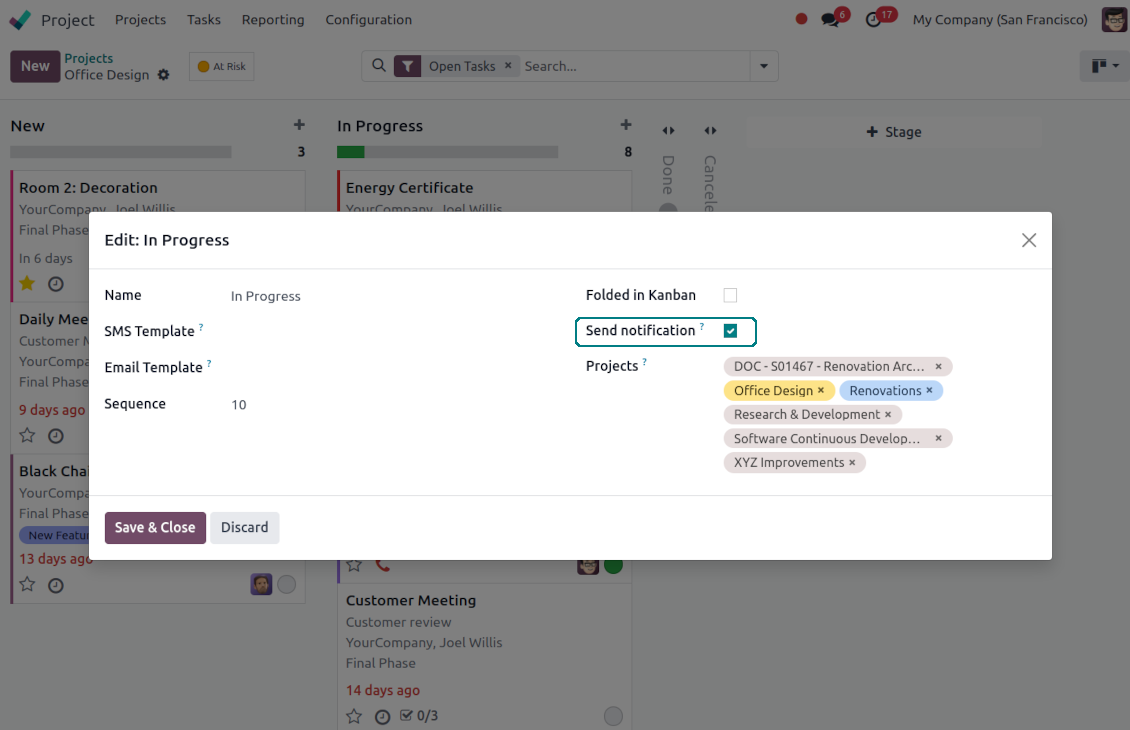 Project task stages for the reminder