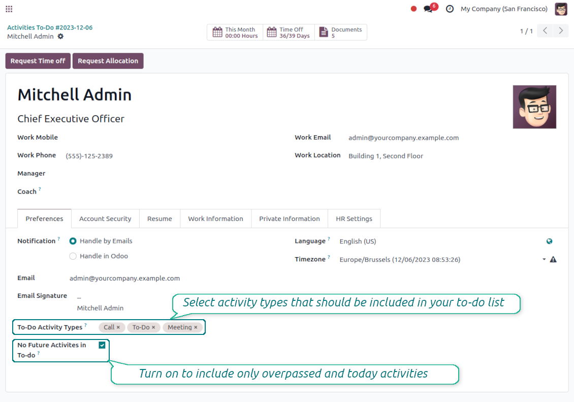 Activity types: Odoo user preferences