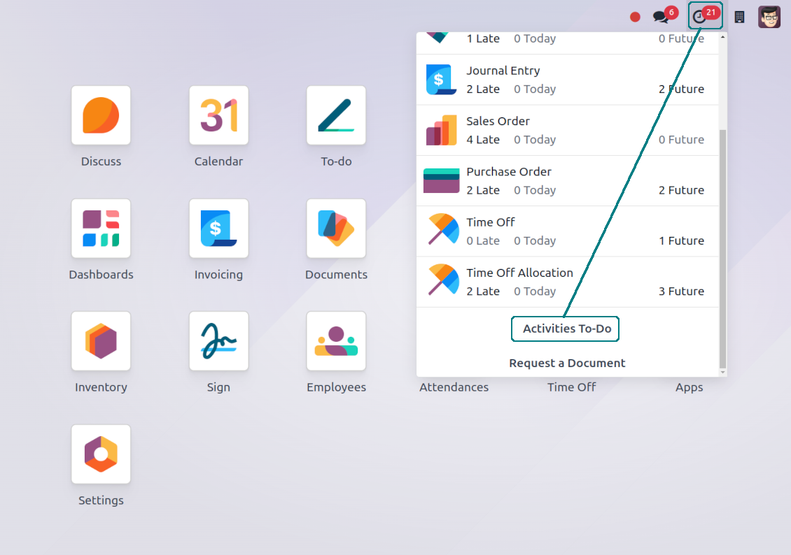 Odoo activities interface: shortcut