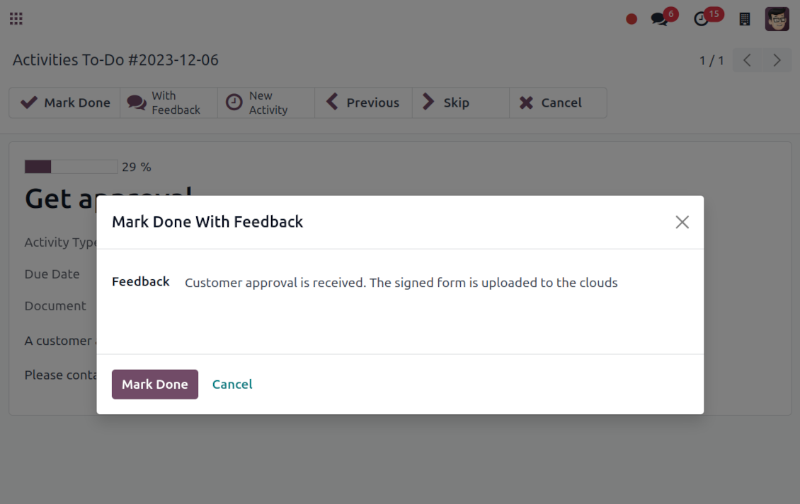 Mark the activity done with comments