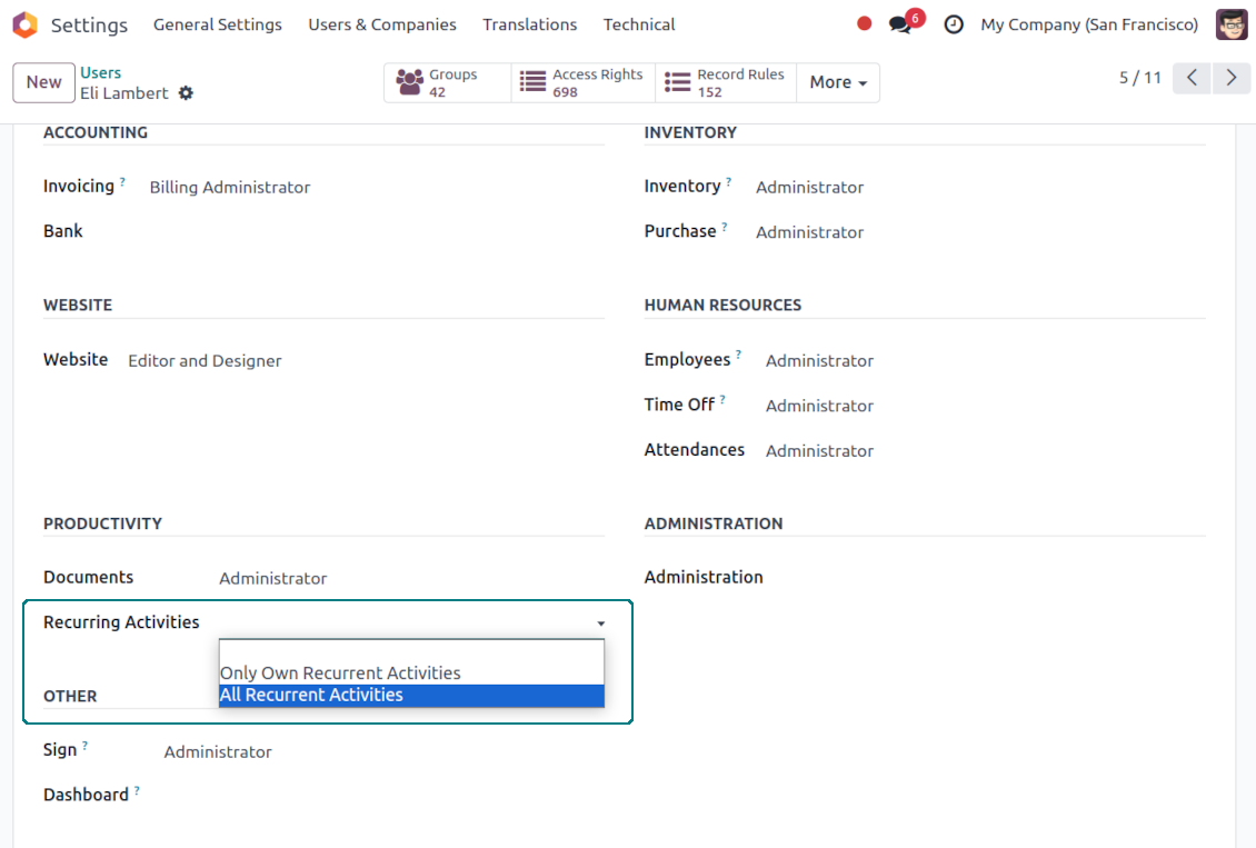 Odoo user rights for repetitive activities
