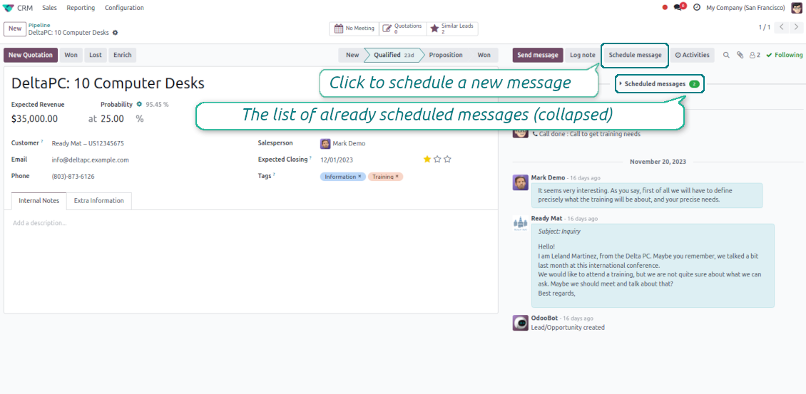 Odoo send message later feature