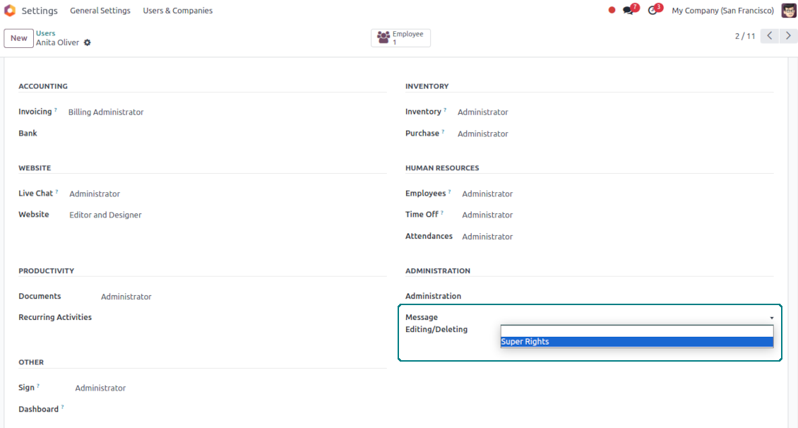 Super rights to manage Odoo notes and messages