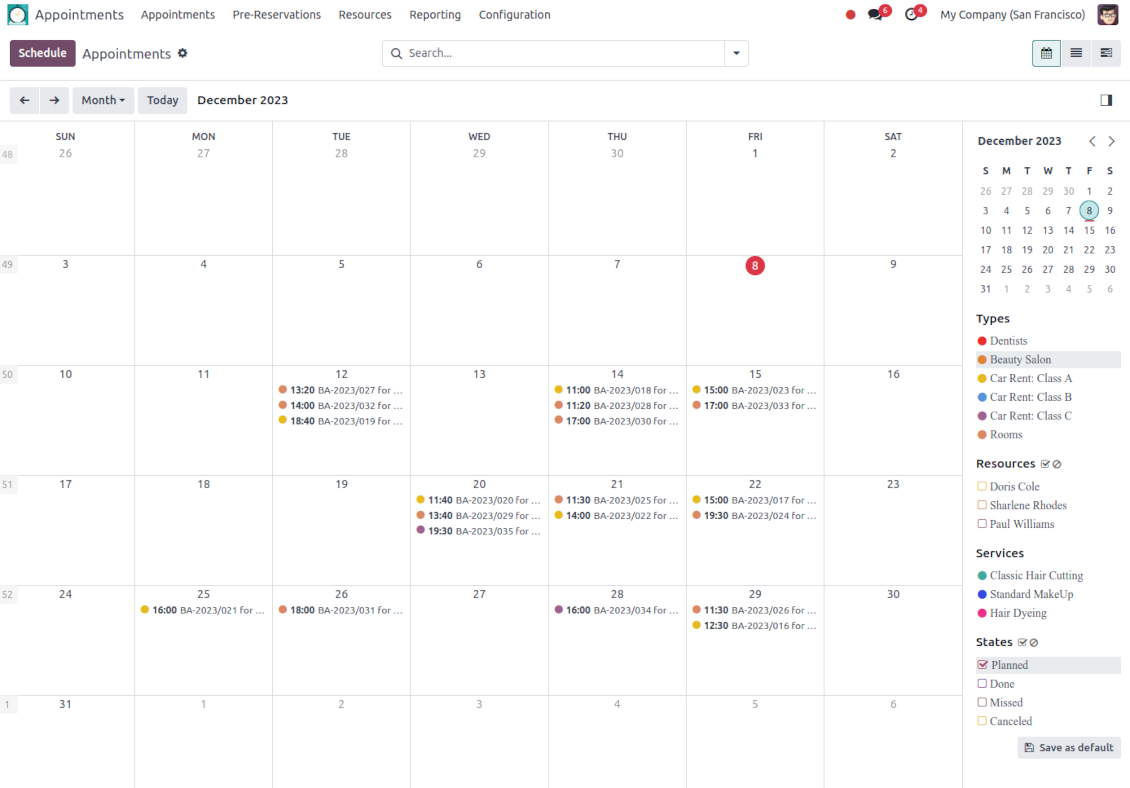 Appointments planning calendar in Odoo