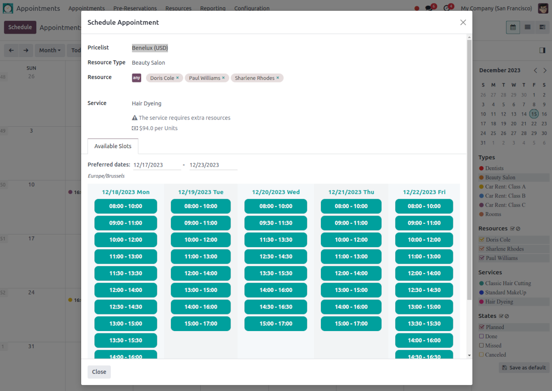 Time slots for Odoo reservations