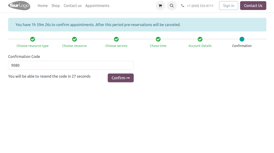 Confirmation code email to finish the appointment