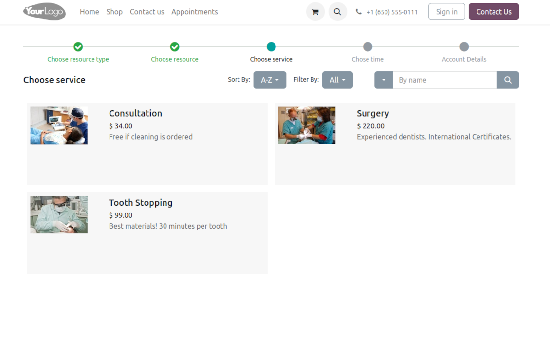 Website service reservation page