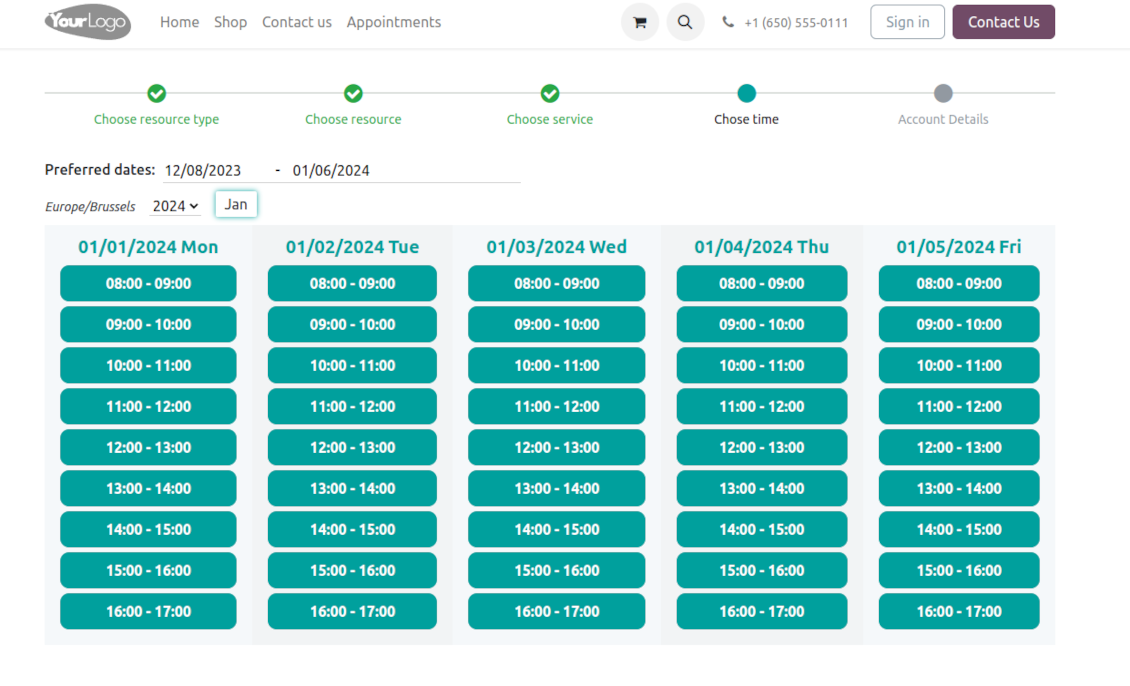Website time booking page