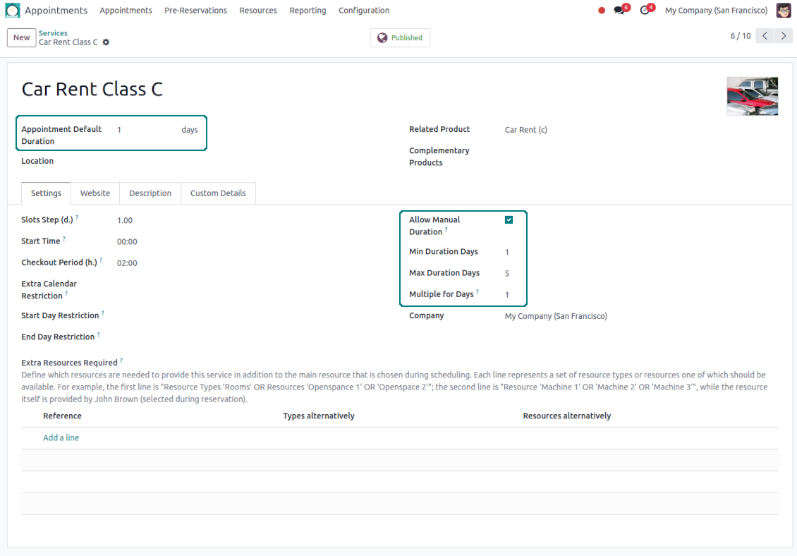 Service duration and price setup