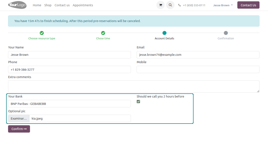 Appointment input form: custom details