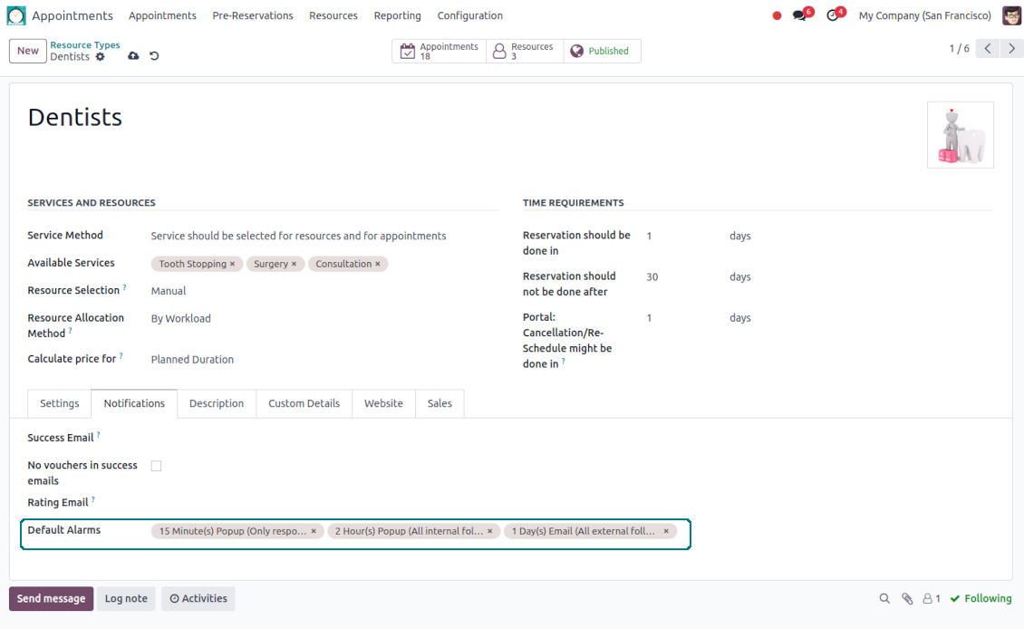 Resource type reminders for linked reservations