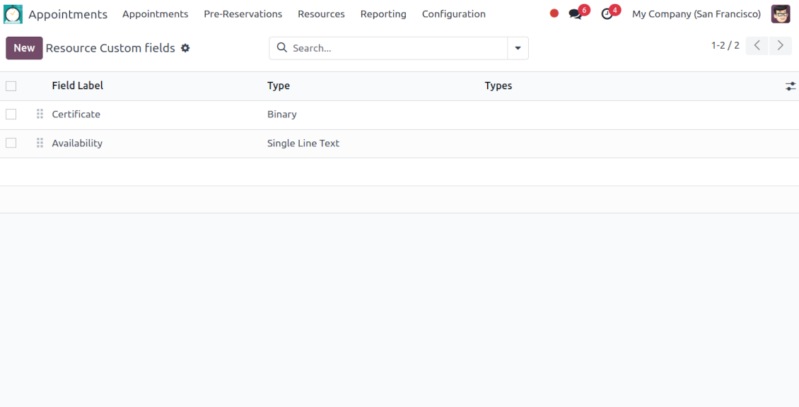 Resources: the list of custom fields