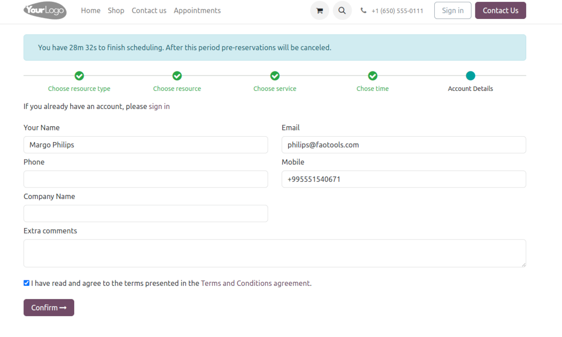 Odoo reservation: contact details