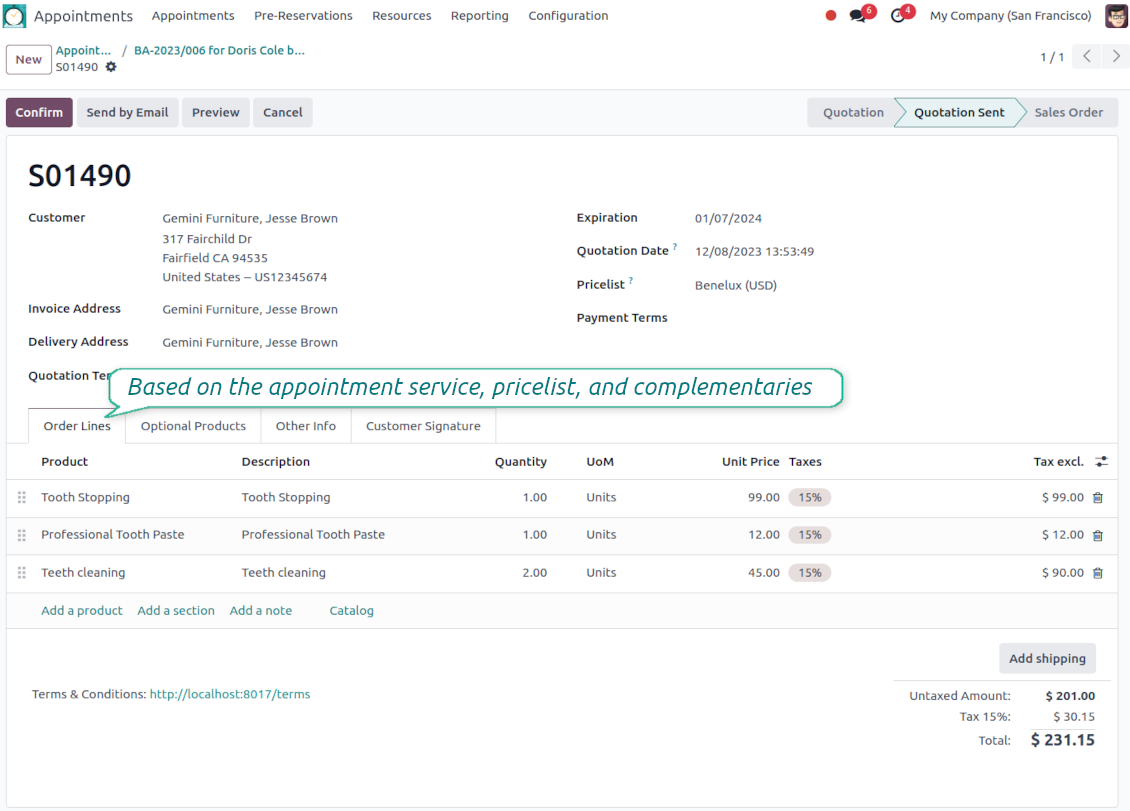 Appointment services and complementaries to be sold