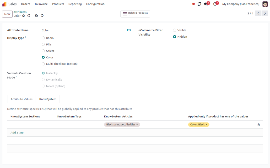 KMS for Odoo attributes and values