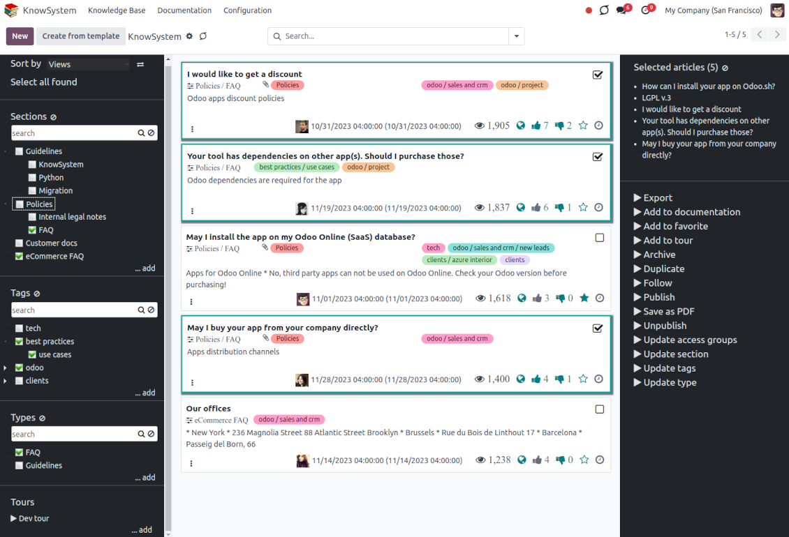 Odoo knowledge system: mass actions for selected articles