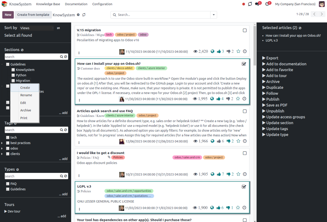 Odoo knowledge base navigation