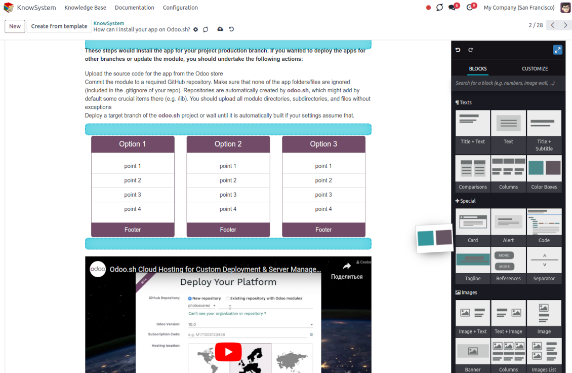 Drag and drop Odoo blocks to construct an article