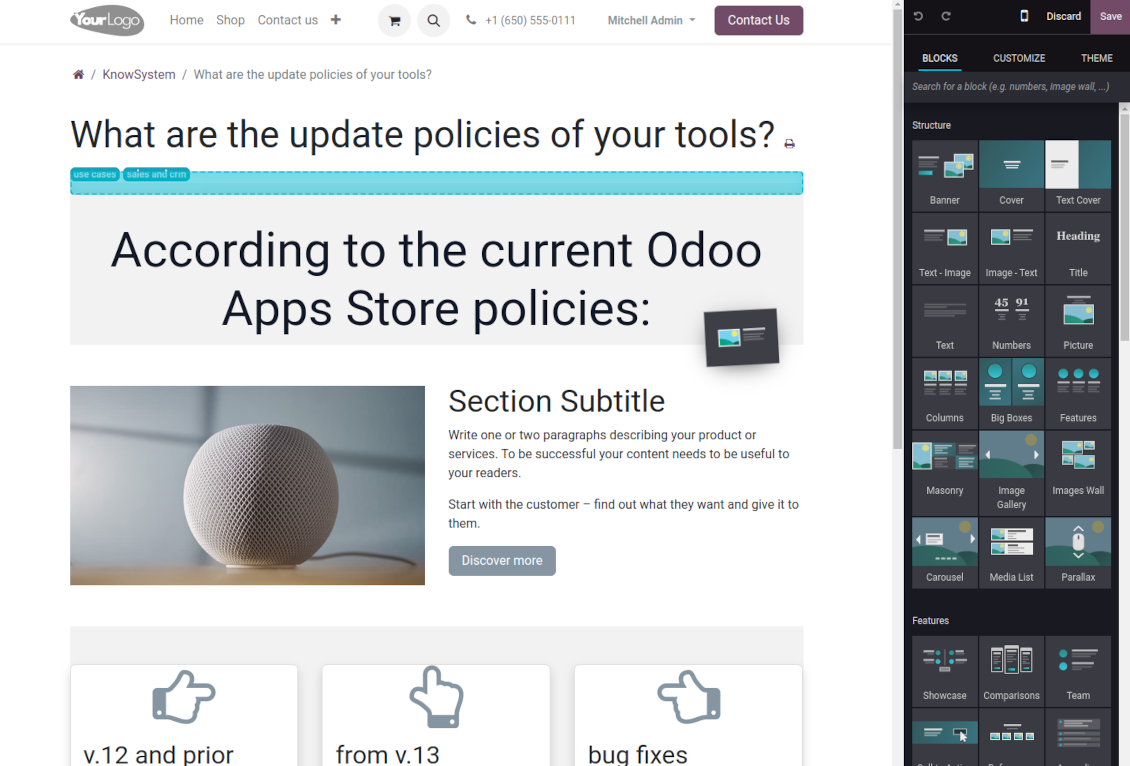 Website building blocks for Odoo KMS