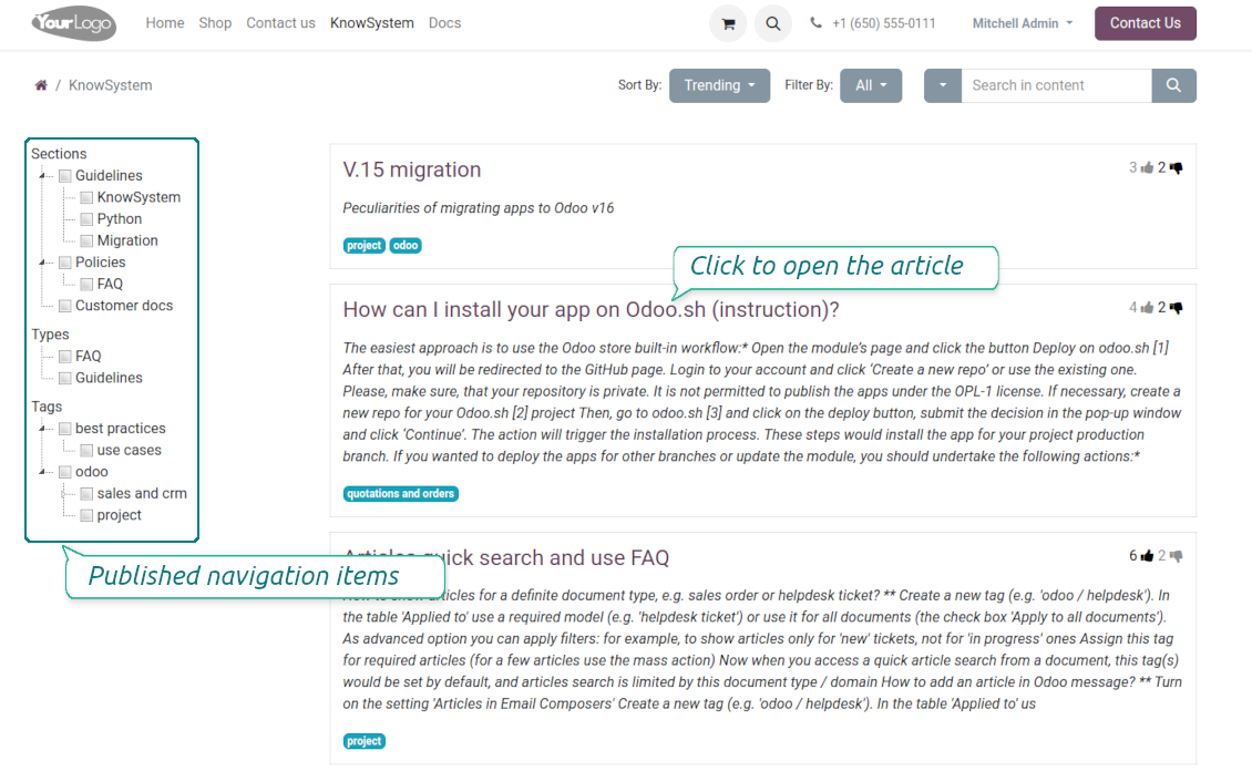 KMS portal and website navigation