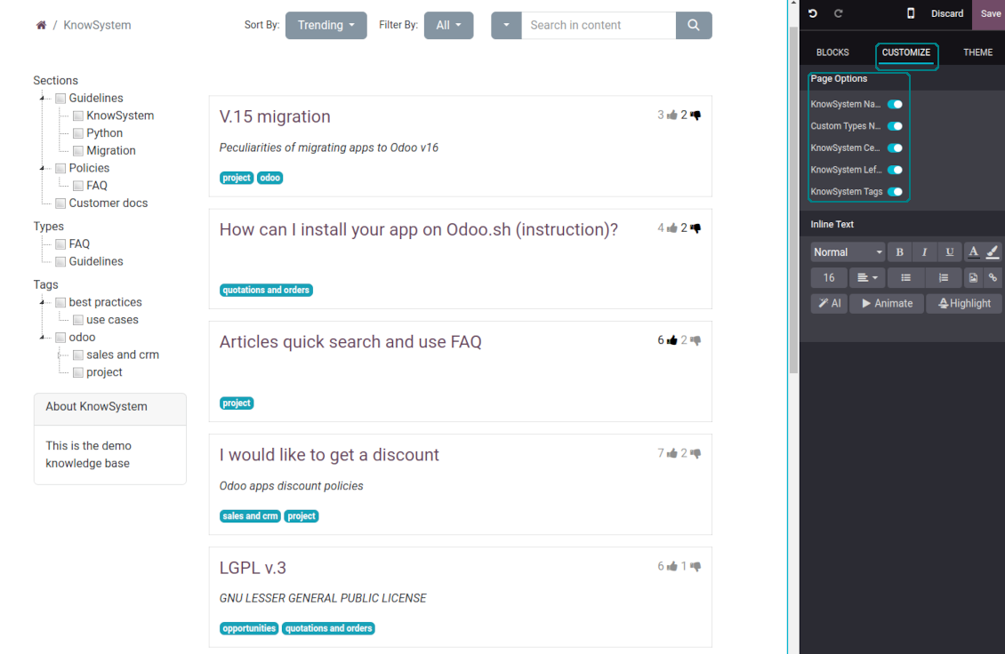 Custom Odoo options for public KMS