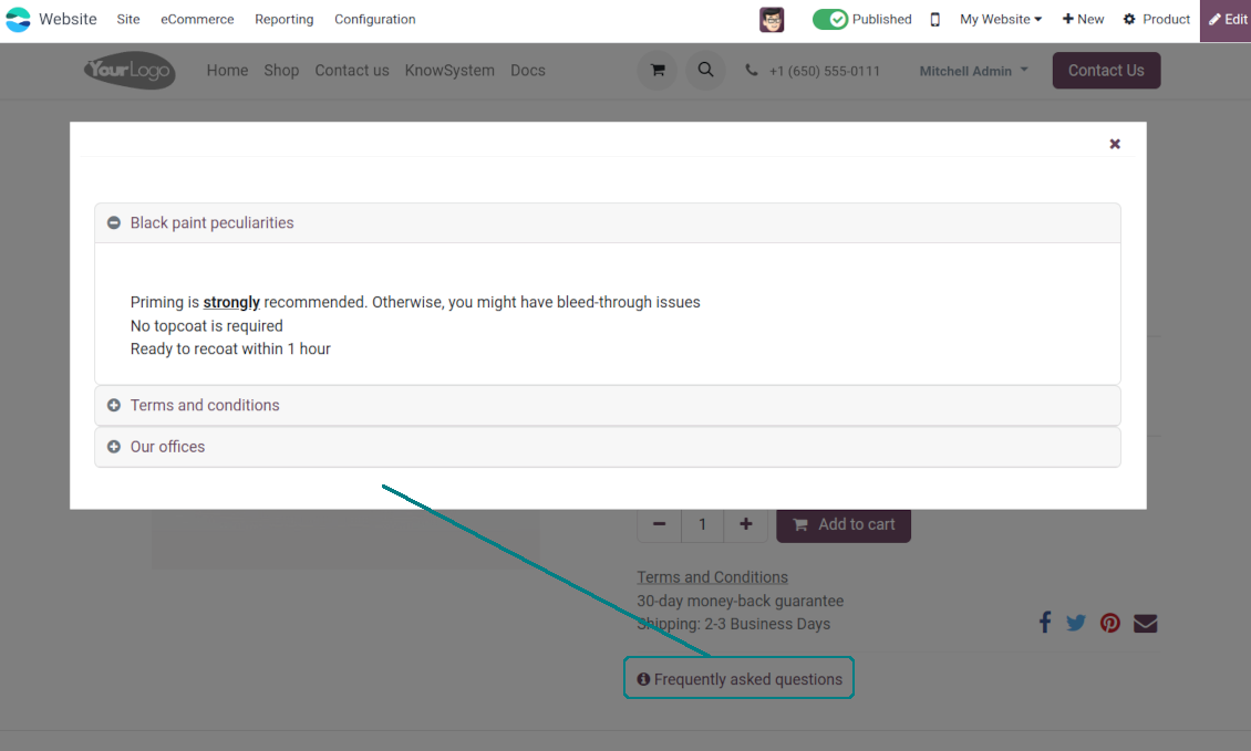 Knowledge articles for Odoo products: a popup