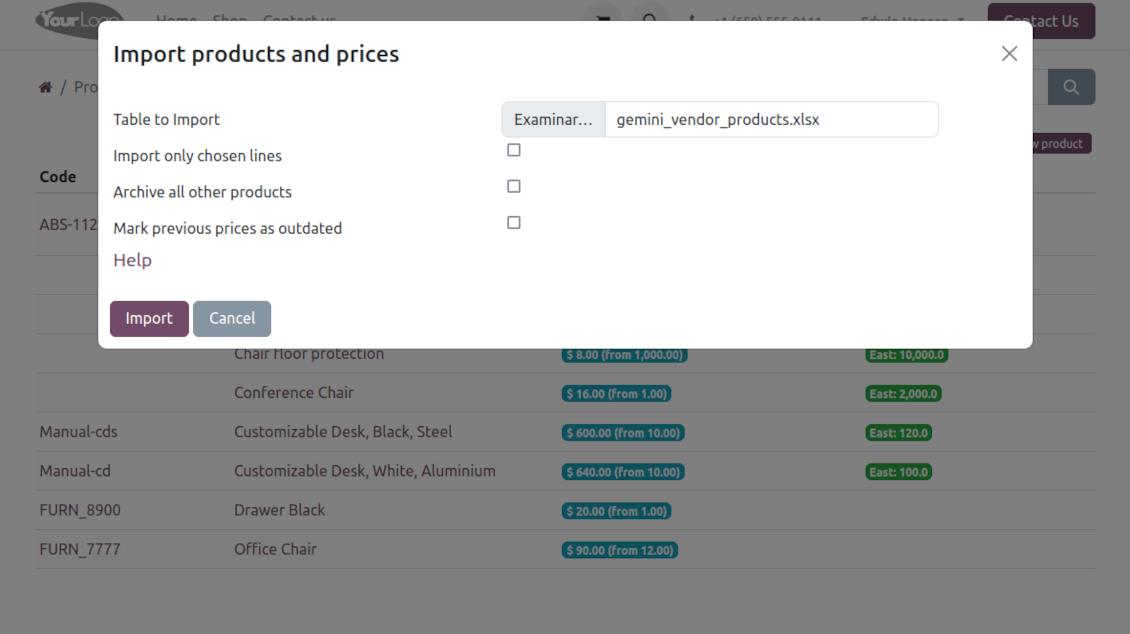 Portal supplier products' and prices' import