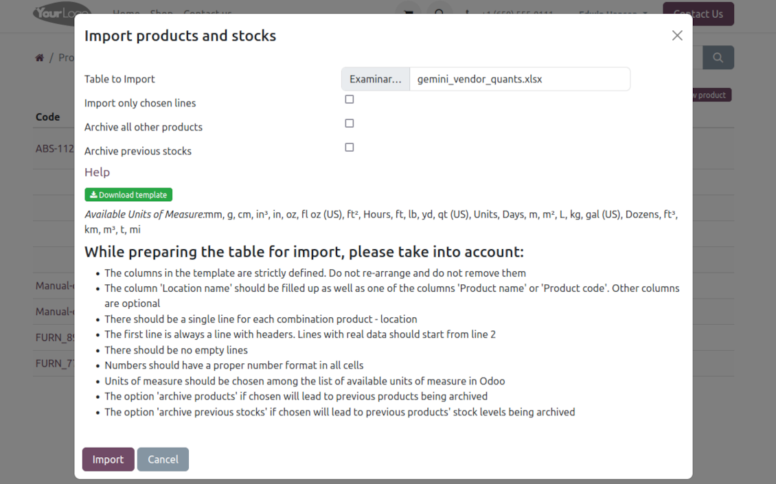 Supplier products' and stocks' portal import