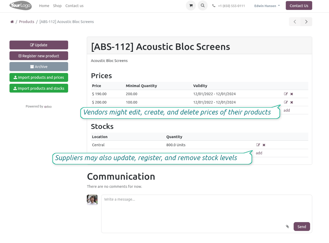 Odoo vendor portal: product card