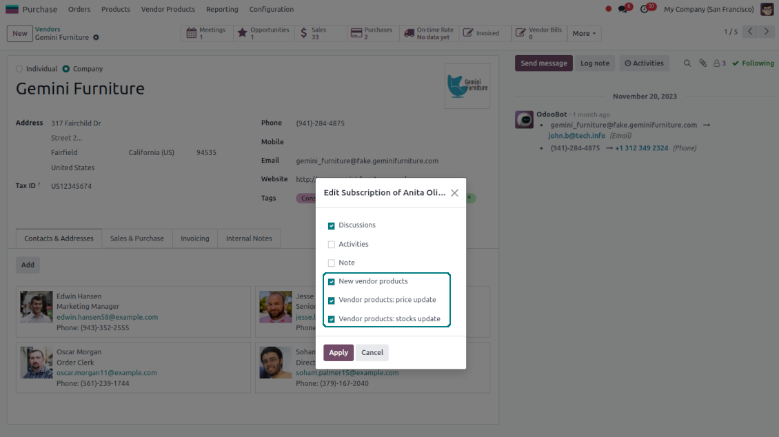 Odoo vendor product-related subscriptions