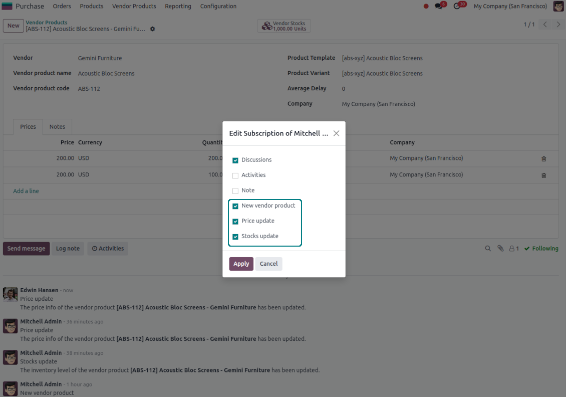 Vendor product subscriptions for prices and stocks