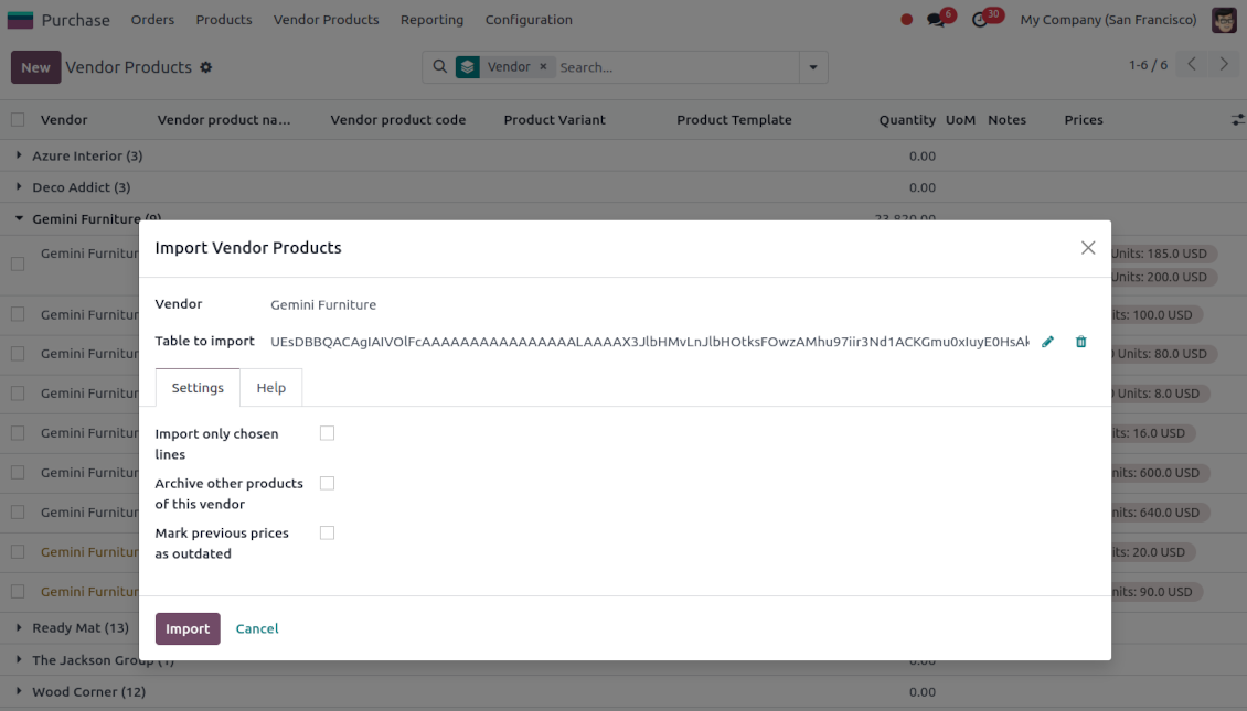 The wizard to import supplier products and prices
