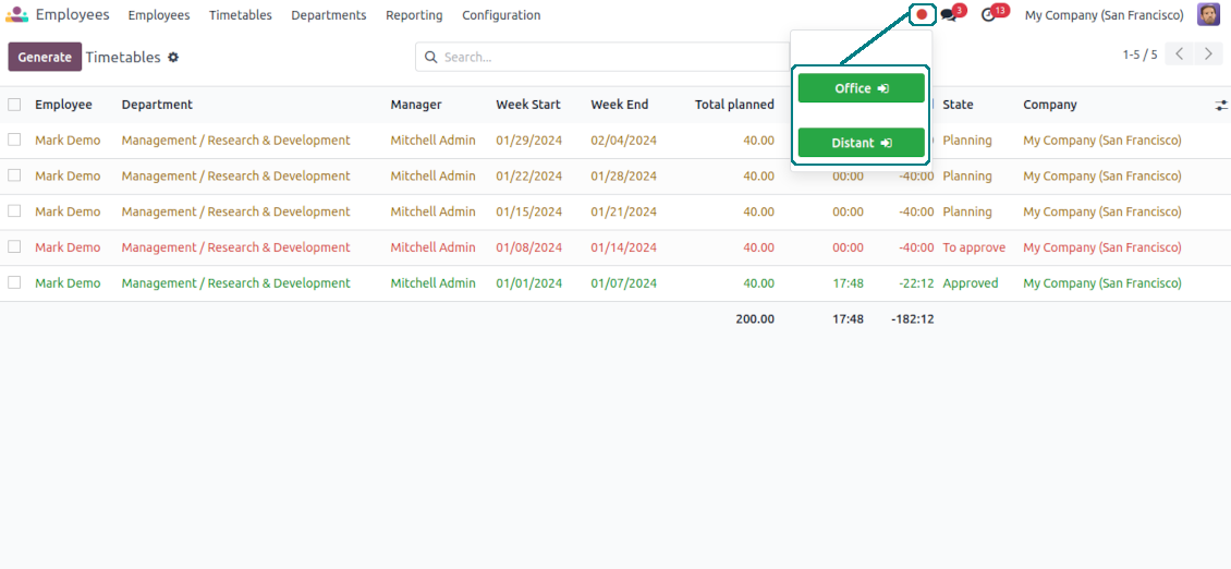 Odoo systray attendance context