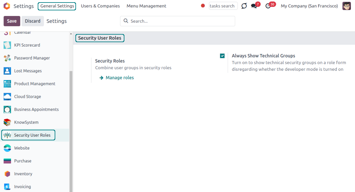Configuration page for the user roles