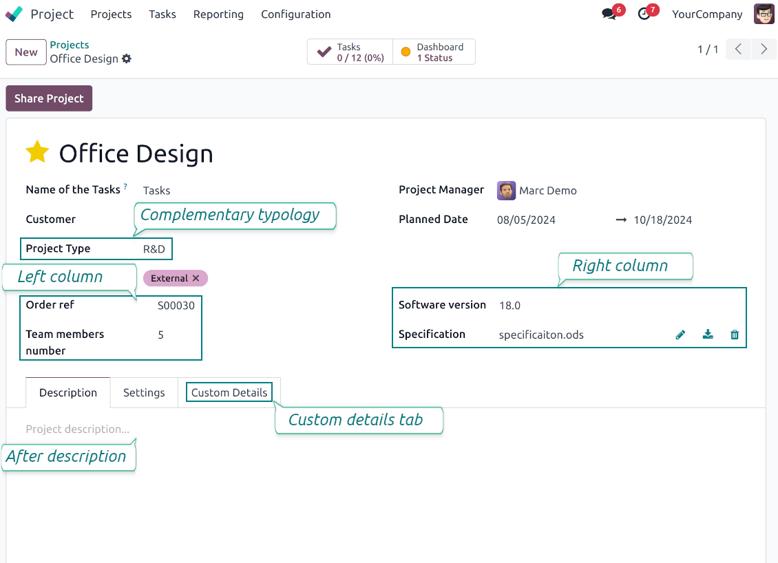 Customized form view of projects